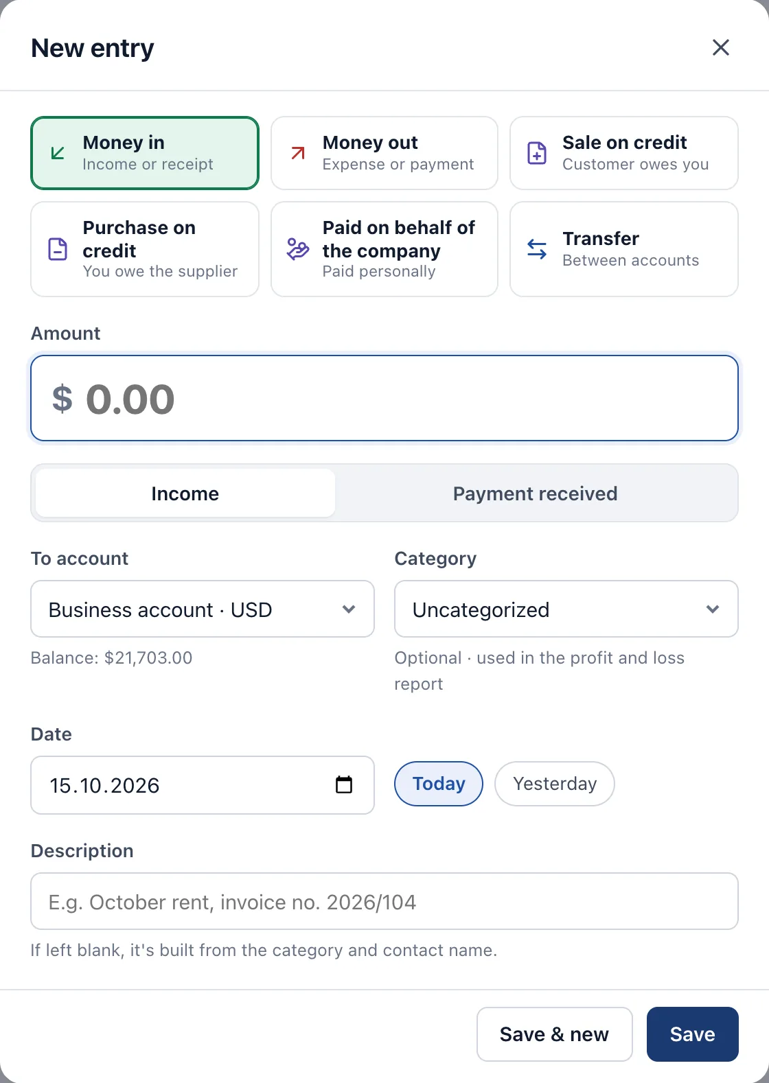 New entry dialog with entry types such as money in, money out, sale on credit and transfer
