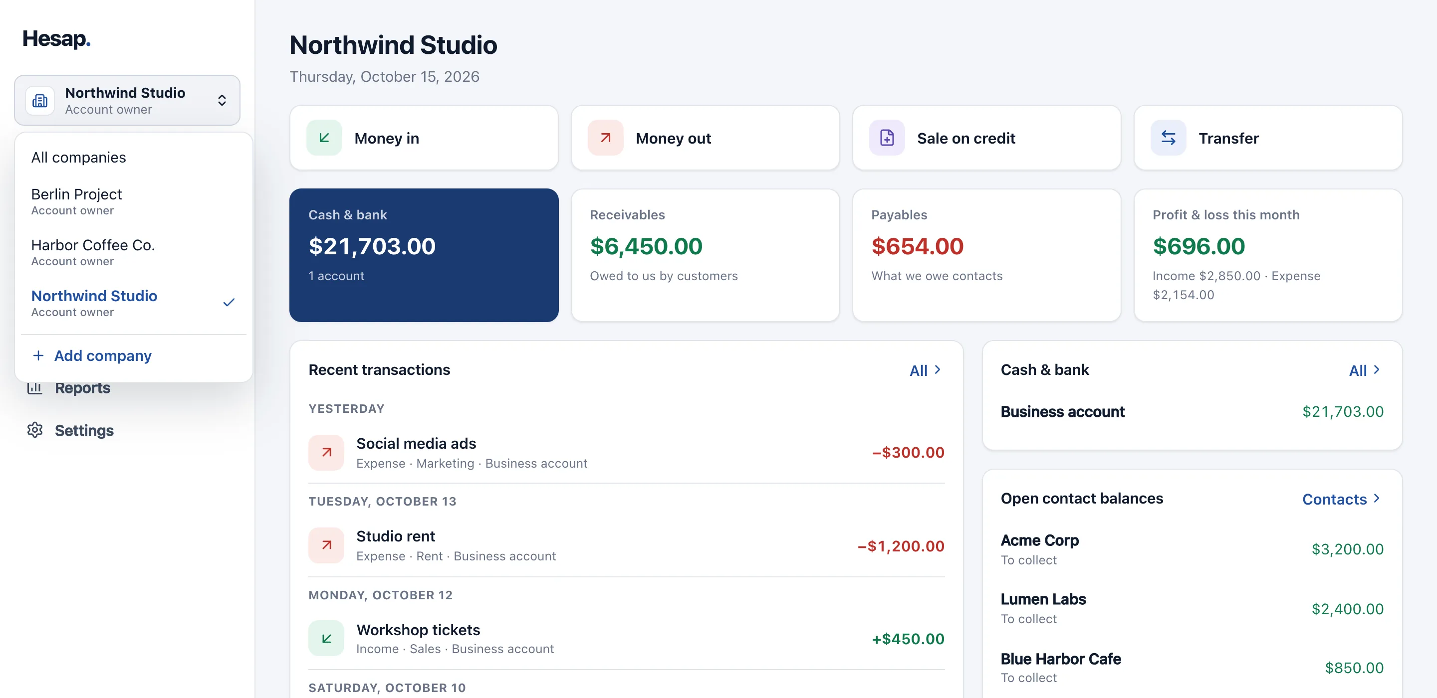 Hesap dashboard with the company switcher open, showing cash, receivables, payables and recent transactions