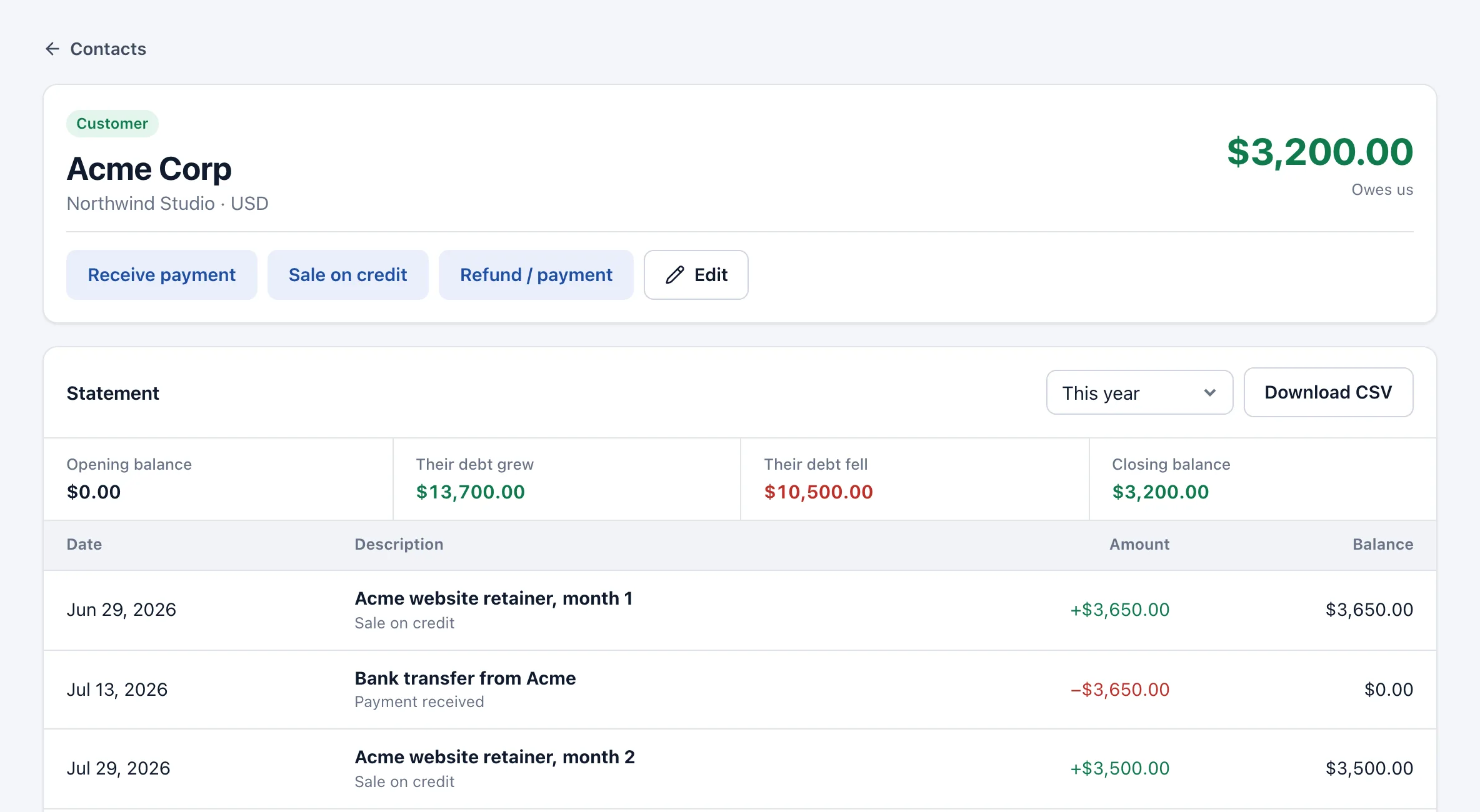 Contact statement with transactions and running balance